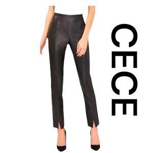 CECE Fresh Appeal Rich Black Vegan Leather Slit Hem Ponte Trousers, Size L.